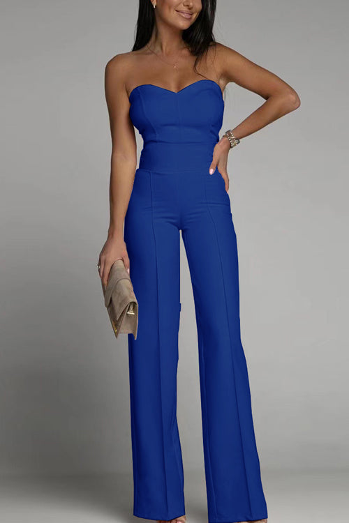 Damen Sommer Jumpsuit Schulterfrei Ärmellos Figurbetont Einfarbig