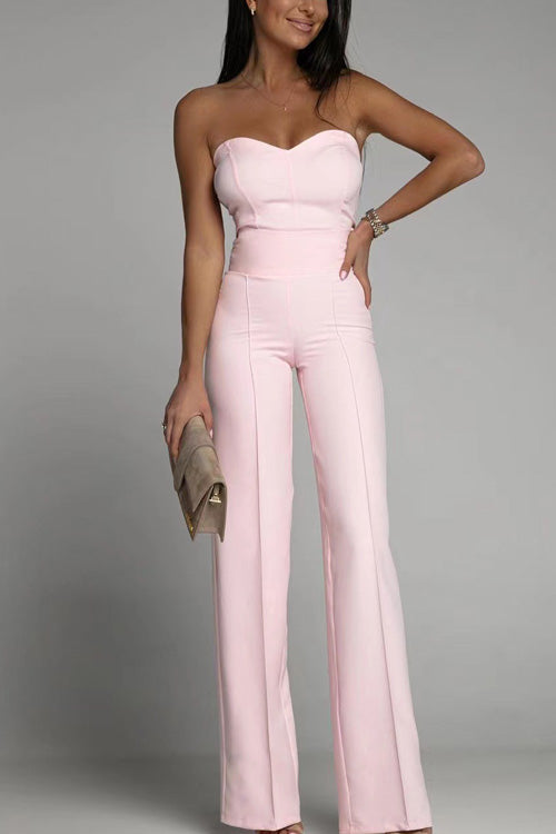 Damen Sommer Jumpsuit Schulterfrei Ärmellos Figurbetont Einfarbig