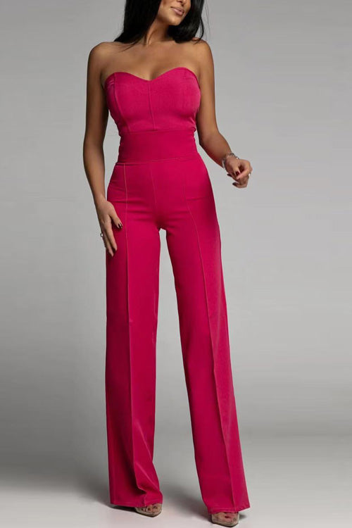 Damen Sommer Jumpsuit Schulterfrei Ärmellos Figurbetont Einfarbig
