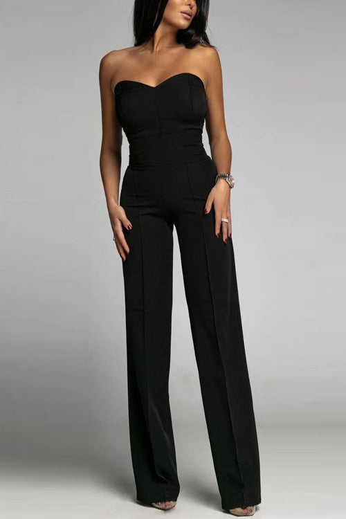 Damen Sommer Jumpsuit Schulterfrei Ärmellos Figurbetont Einfarbig