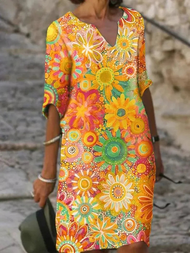V-Ausschnitt Blumenkleid mit kurzen Ärmeln für Damen | Perfekt für den Sommer