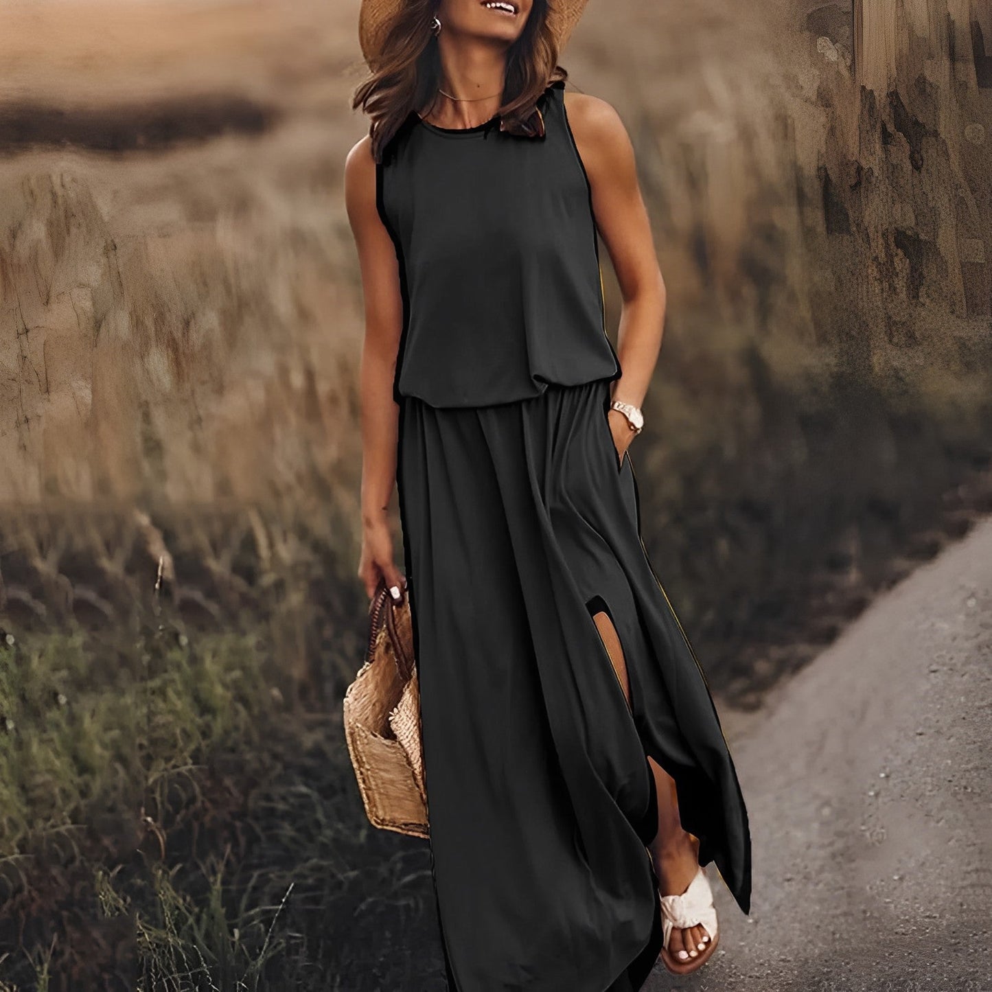 Damen Sommer Maxikleid ärmellos Retro-Muster fließender Schnitt