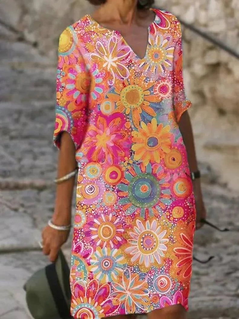 V-Ausschnitt Blumenkleid mit kurzen Ärmeln für Damen | Perfekt für den Sommer