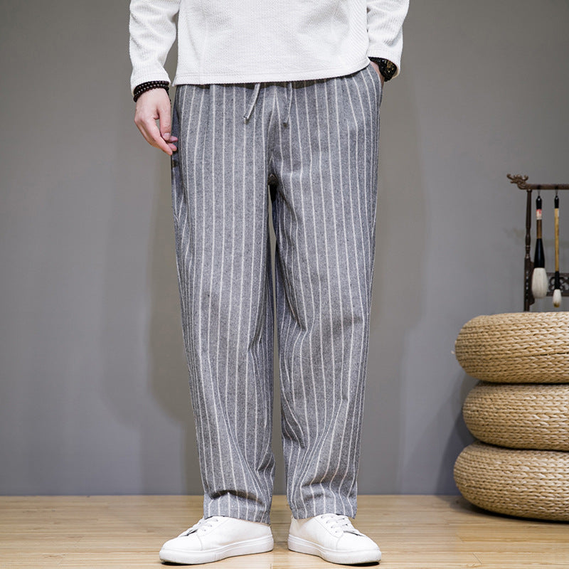 Herren Gestreifte Baumwoll-Leinenhose mit Kordelzug – Ideal für Frühling und Sommer