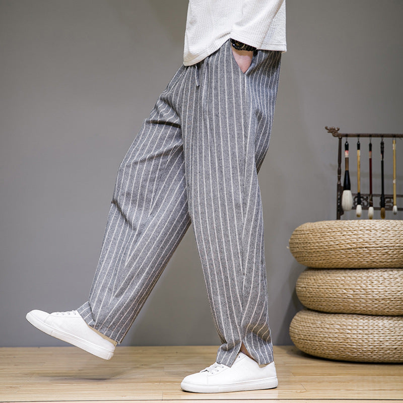Herren Gestreifte Baumwoll-Leinenhose mit Kordelzug – Ideal für Frühling und Sommer