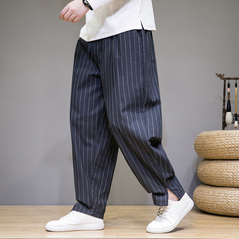 Herren Gestreifte Baumwoll-Leinenhose mit Kordelzug – Ideal für Frühling und Sommer