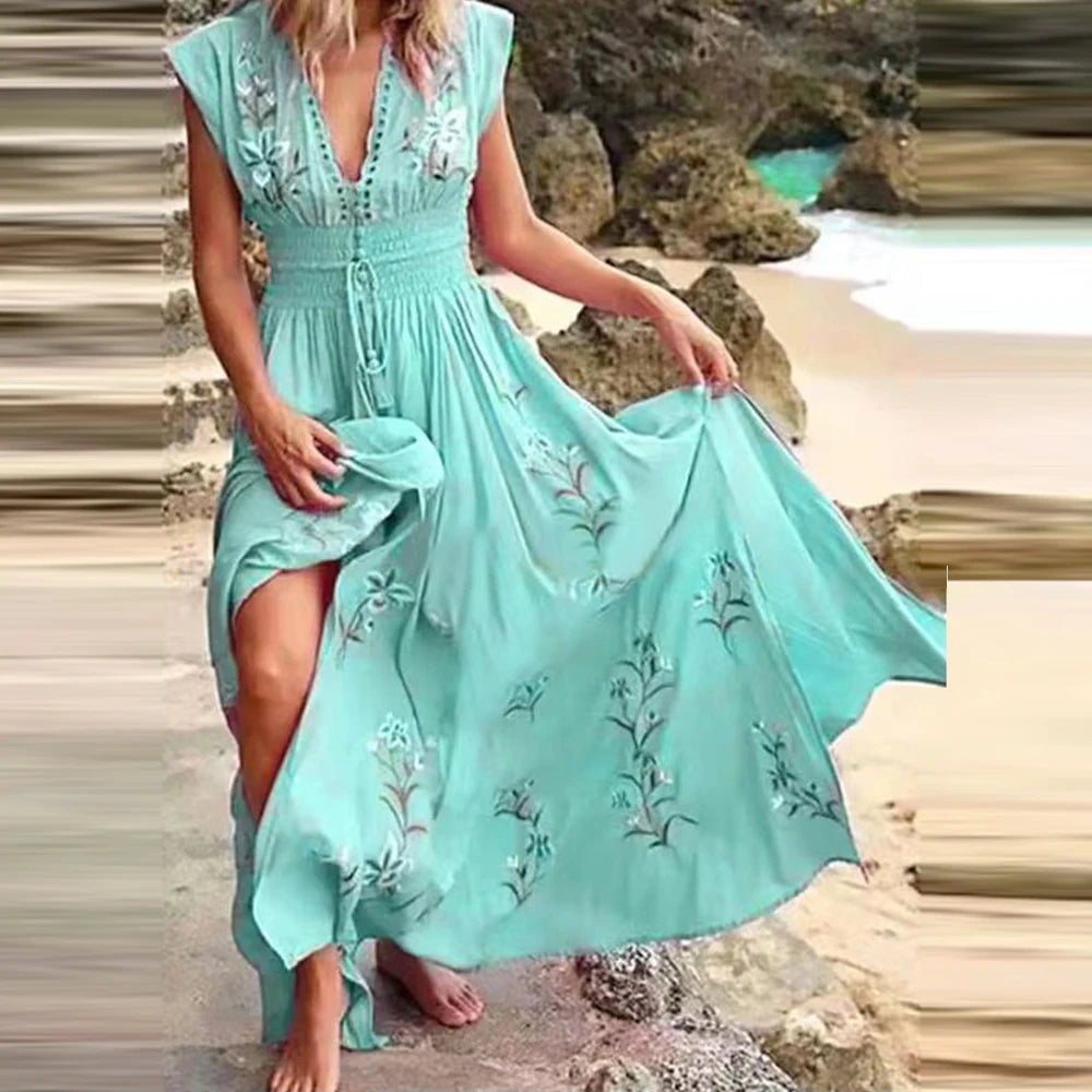 Blumiges V-Ausschnitt Midikleid mit Fliegenden Ärmeln – Perfekt für den Sommer