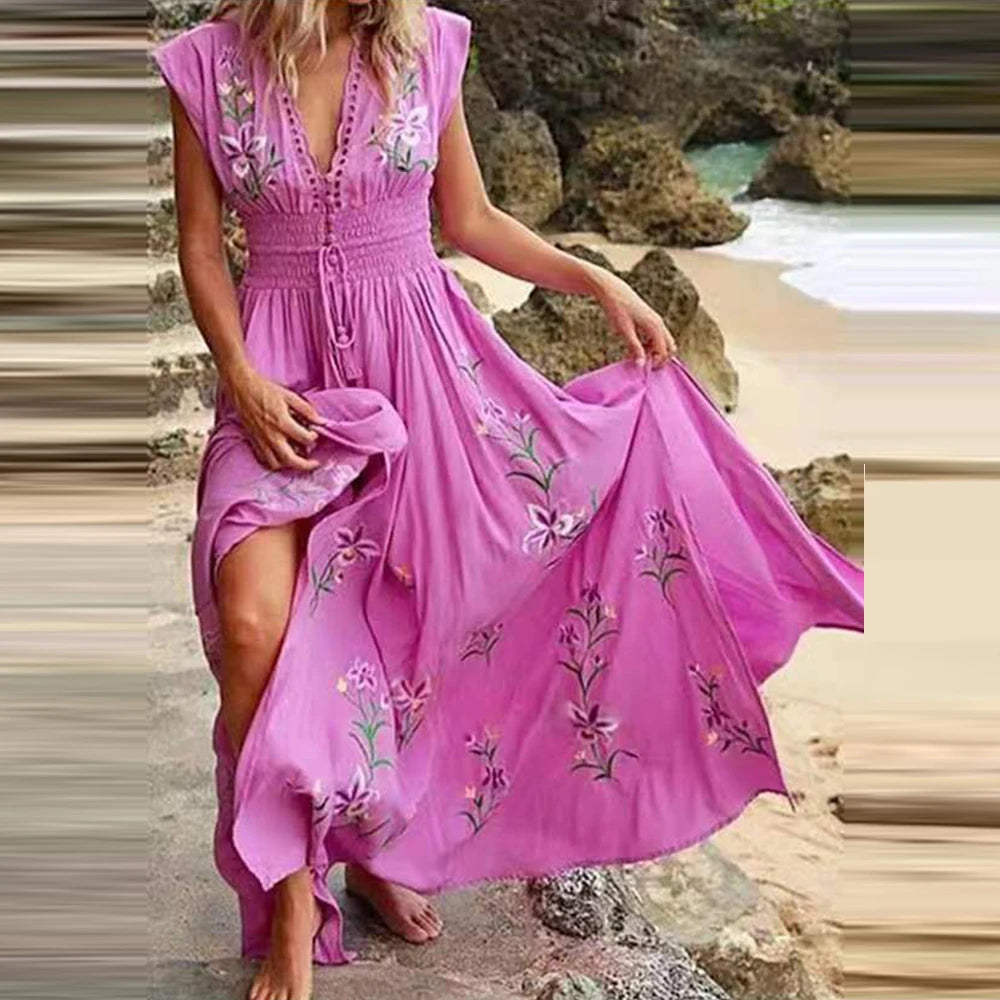 Blumiges V-Ausschnitt Midikleid mit Fliegenden Ärmeln – Perfekt für den Sommer