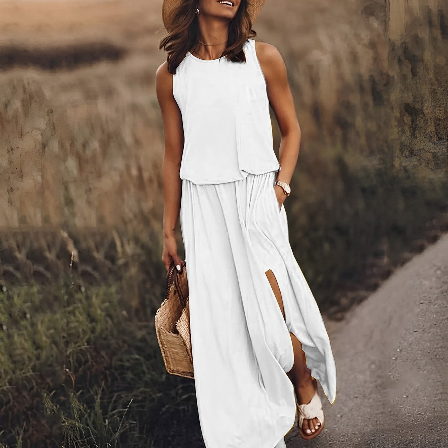 Damen Sommer Maxikleid ärmellos Retro-Muster fließender Schnitt