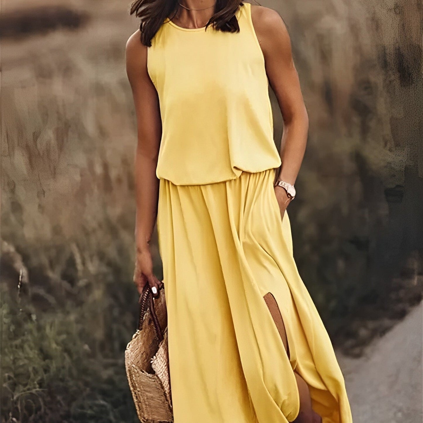 Damen Sommer Maxikleid ärmellos Retro-Muster fließender Schnitt