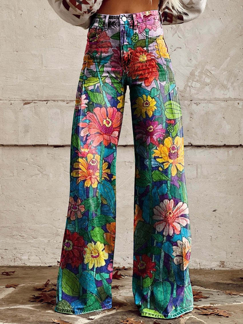Damen-Sommerhose mit Blumenmuster und weitem Bein