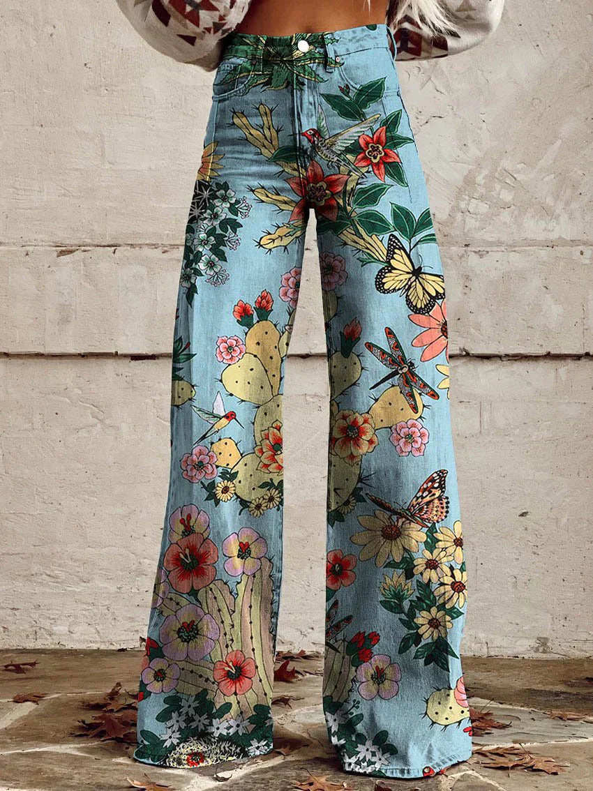 Damen-Sommerhose mit Blumenmuster und weitem Bein
