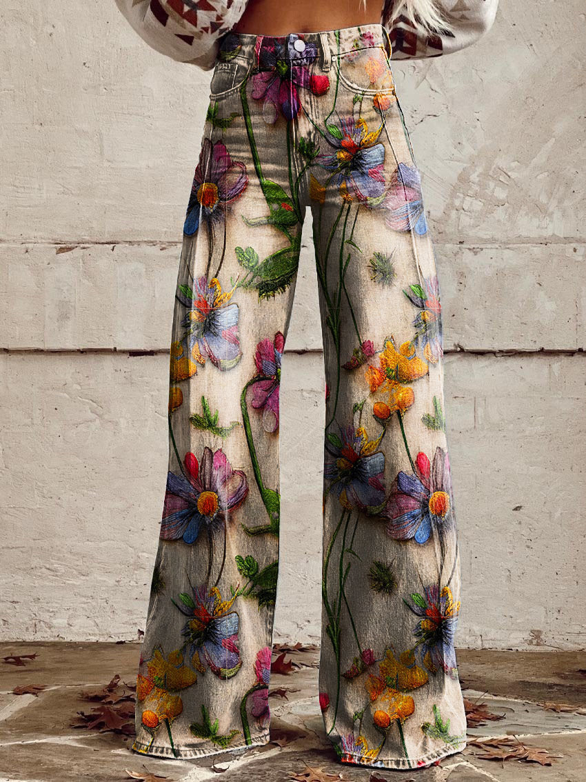 Damen-Sommerhose mit Blumenmuster und weitem Bein