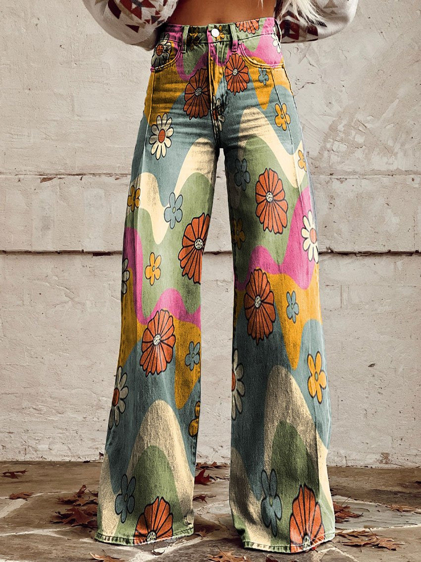 Damen-Sommerhose mit Blumenmuster und weitem Bein
