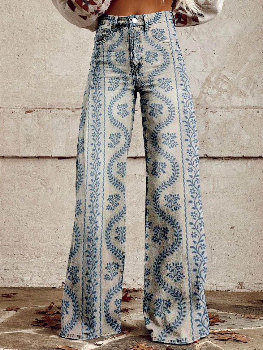 Damen-Sommerhose mit Blumenmuster und weitem Bein