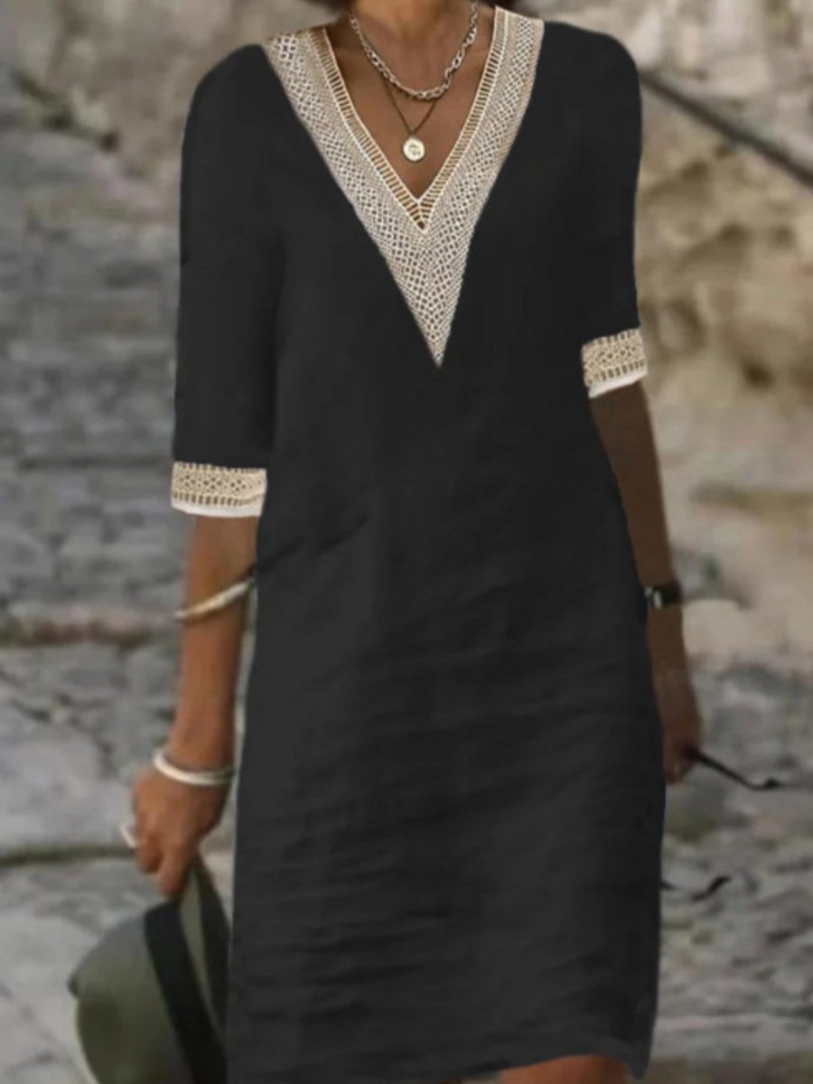 Damen-Sommerkleid mit V-Ausschnitt, Spitzenbesatz und 3/4-Ärmeln