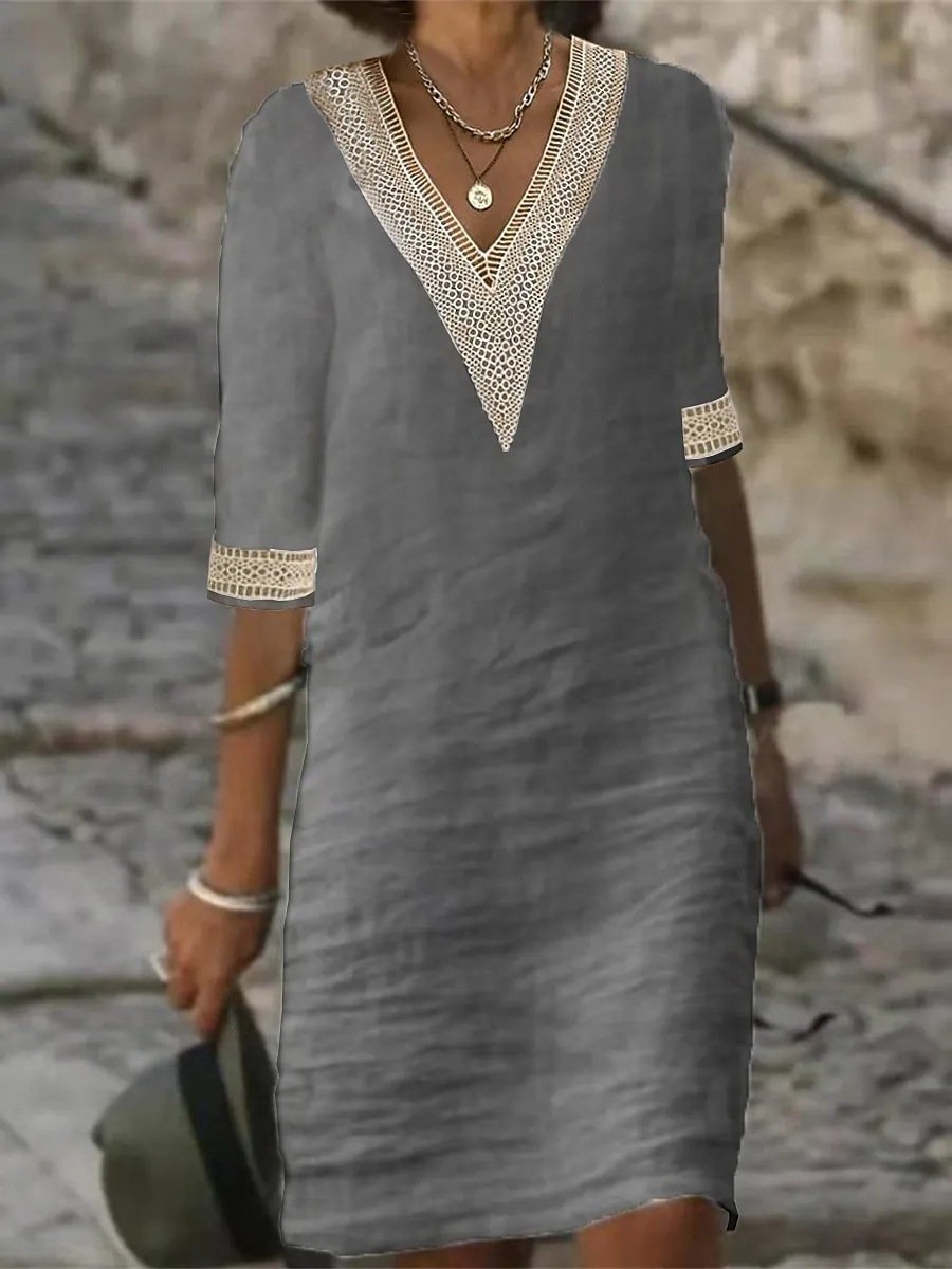 Damen-Sommerkleid mit V-Ausschnitt, Spitzenbesatz und 3/4-Ärmeln
