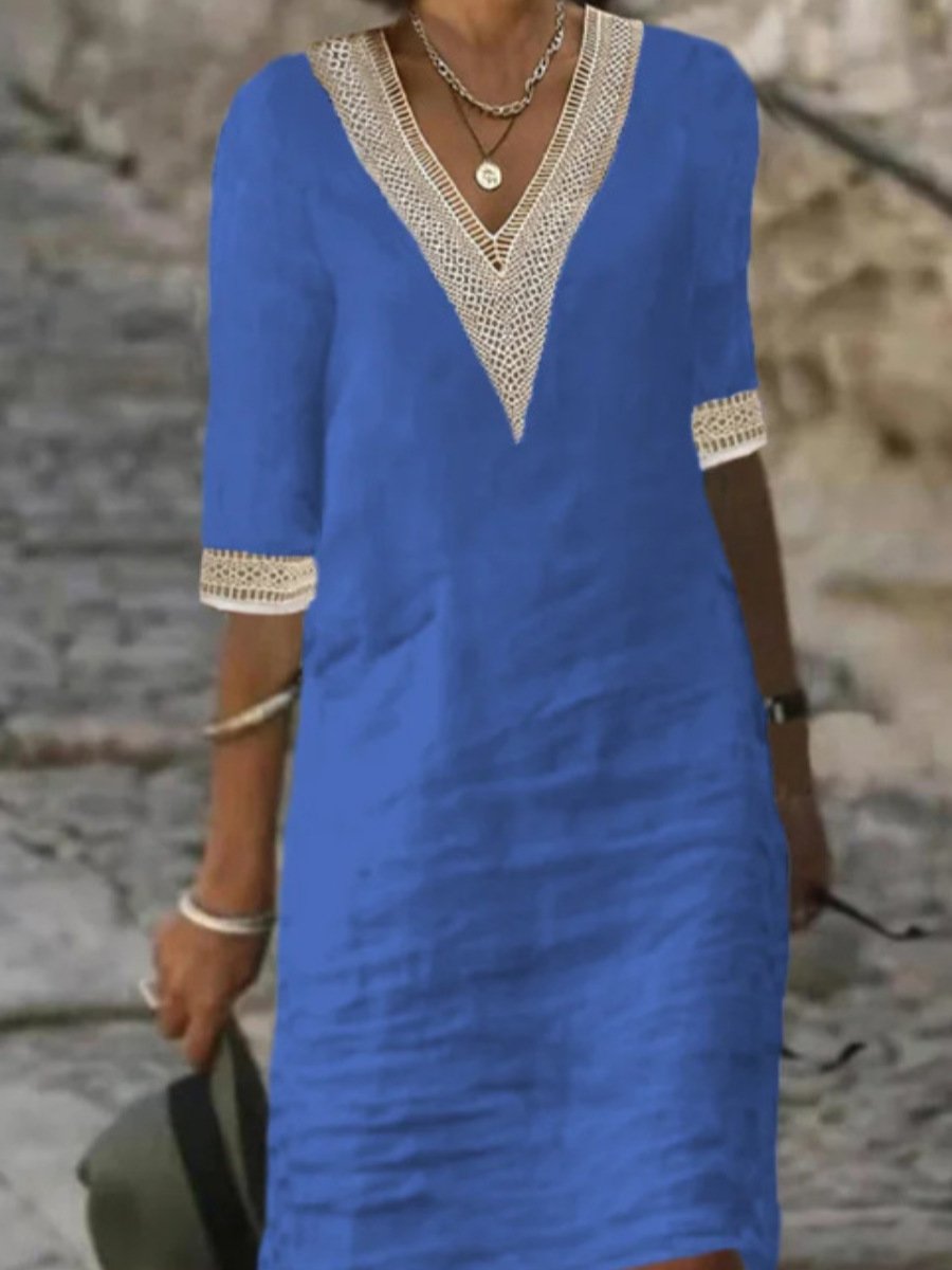 Damen-Sommerkleid mit V-Ausschnitt, Spitzenbesatz und 3/4-Ärmeln