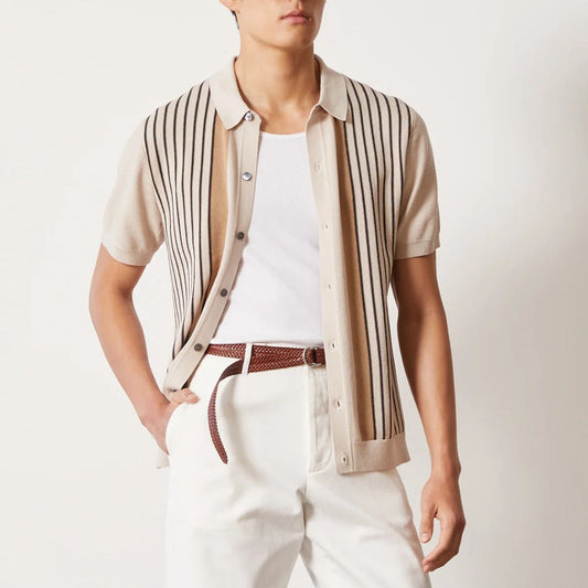 Herren-Sommer-Strick-Cardigan im Hemdstil mit Streifenmuster und kurzen Ärmeln