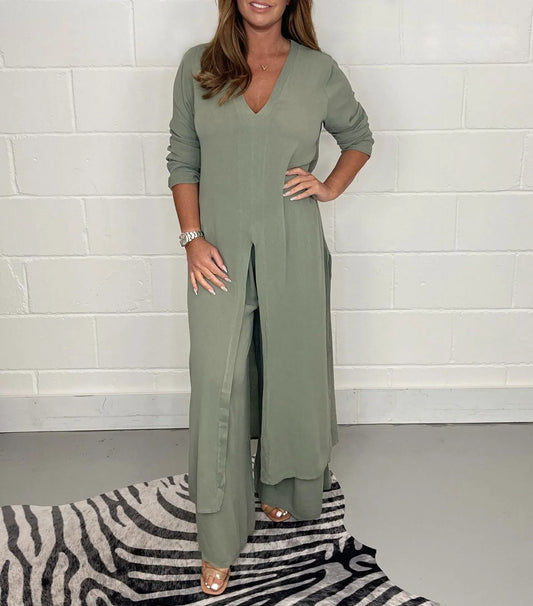 Damen Herbst Set mit Bluse und Hose, elastischer Bund und Knopfleiste