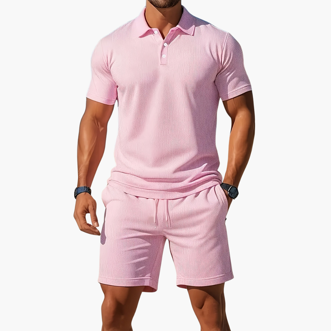 Herren Sommer Set aus Polohemd und Shorts mit Knopfleiste und Kordelzugbund