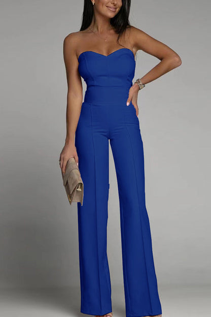 Damen Sommer Jumpsuit Schulterfrei Ärmellos Figurbetont Einfarbig