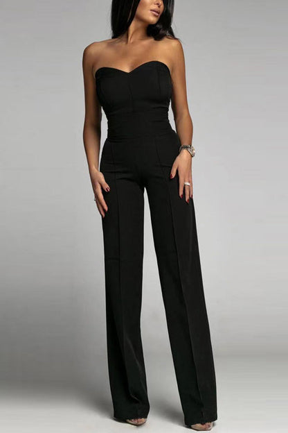 Damen Sommer Jumpsuit Schulterfrei Ärmellos Figurbetont Einfarbig