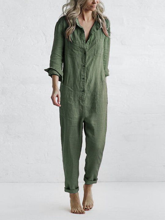 Damen Jumpsuit Kurzarm aus Baumwolle mit Knopfleiste und Taschen - Ideal für Sommer