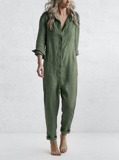 Damen Jumpsuit Kurzarm aus Baumwolle mit Knopfleiste und Taschen - Ideal für Sommer