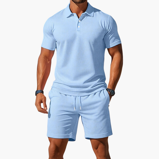 Herren Sommer Set aus Polohemd und Shorts mit Knopfleiste und Kordelzugbund
