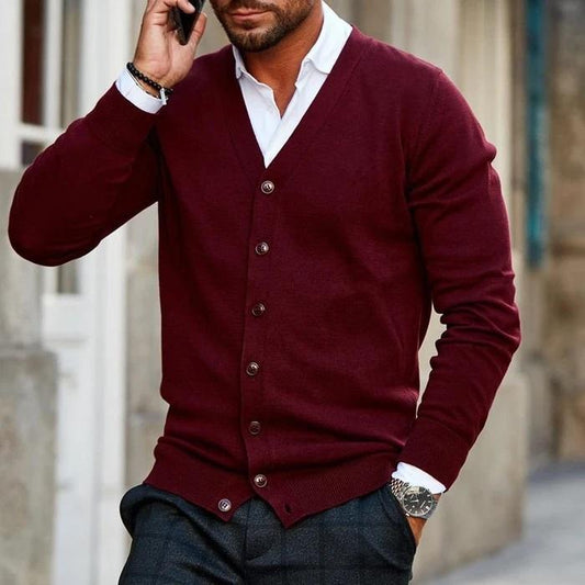 Herren Strickjacke mit Knopfleiste V-Ausschnitt und Geripptem Saum