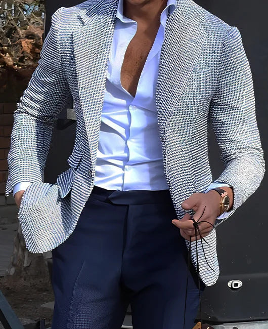 Gestreifter Herrenblazer mit Anzugkragen, Zwei-Knopf-Verschluss und Slim-Fit-Schnitt – Geeignet für Frühling und Sommer