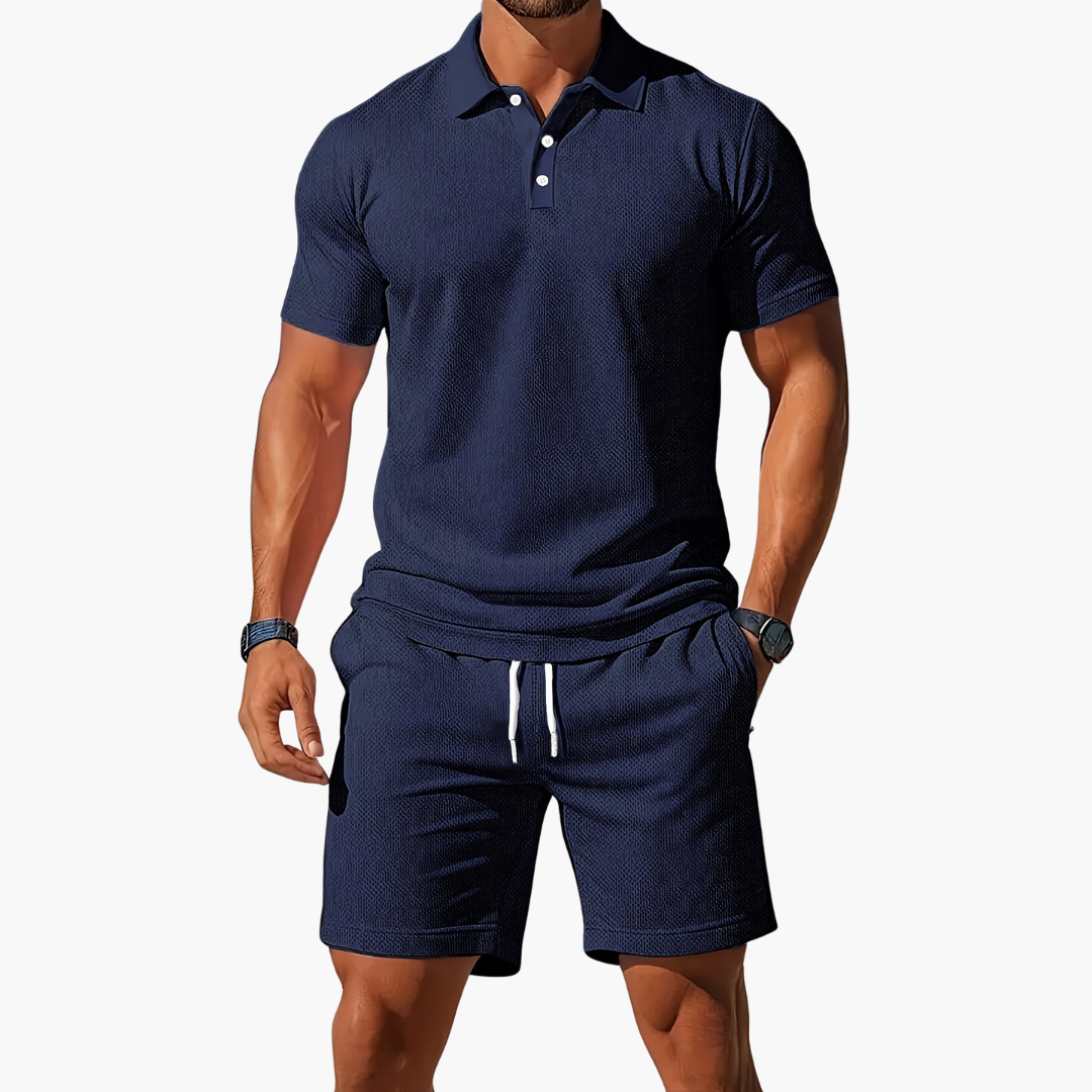 Herren Sommer Set aus Polohemd und Shorts mit Knopfleiste und Kordelzugbund