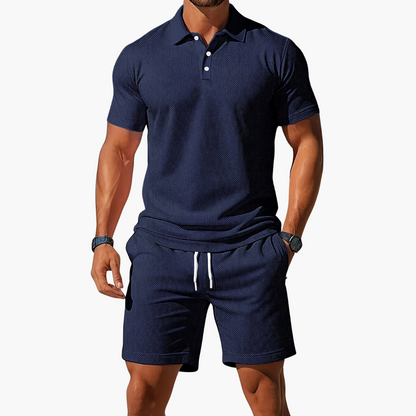 Herren Sommer Set aus Polohemd und Shorts mit Knopfleiste und Kordelzugbund