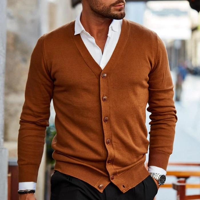 Herren Strickjacke mit Knopfleiste V-Ausschnitt und Geripptem Saum