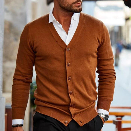 Herren Strickjacke mit Knopfleiste V-Ausschnitt und Geripptem Saum