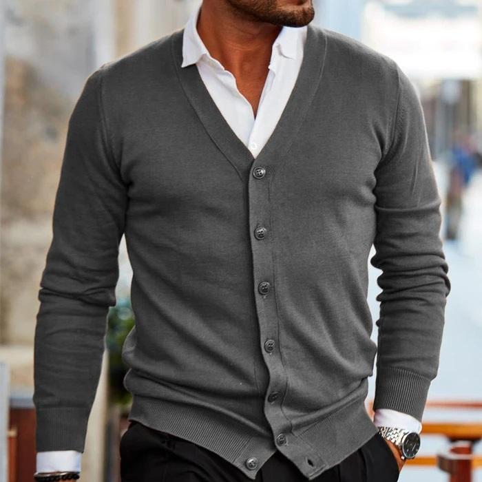 Herren Strickjacke mit Knopfleiste V-Ausschnitt und Geripptem Saum