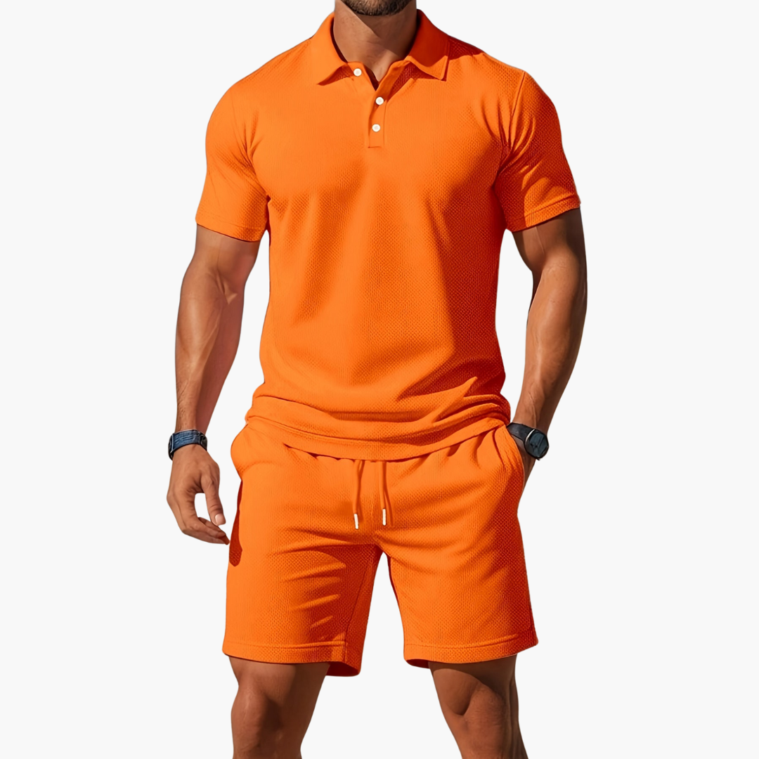 Herren Sommer Set aus Polohemd und Shorts mit Knopfleiste und Kordelzugbund