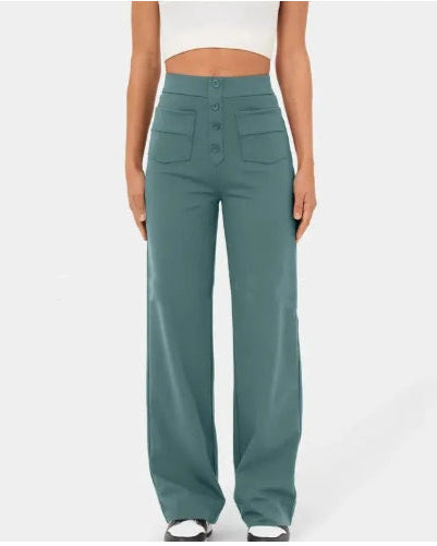 Damenhose mit hohem Bund, geradem Beinverlauf, Frontknopf und Seitentaschen