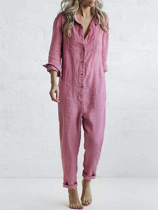 Damen Jumpsuit Kurzarm aus Baumwolle mit Knopfleiste und Taschen - Ideal für Sommer