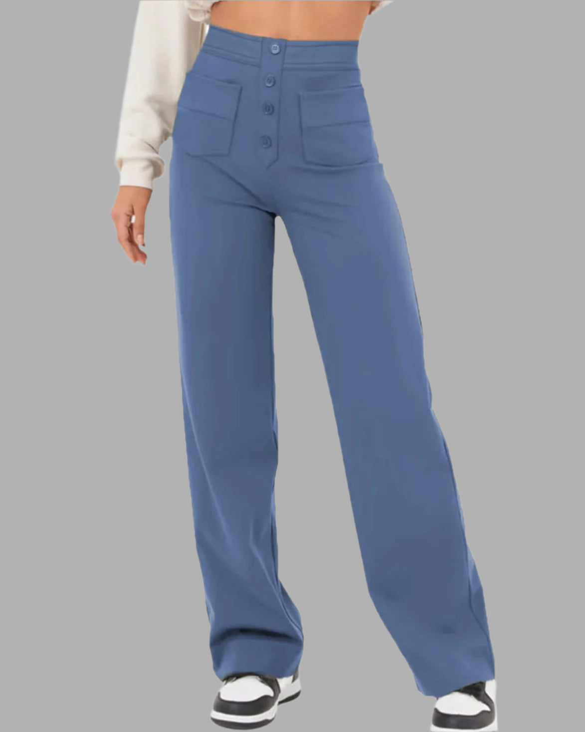 Damenhose mit hohem Bund, geradem Beinverlauf, Frontknopf und Seitentaschen