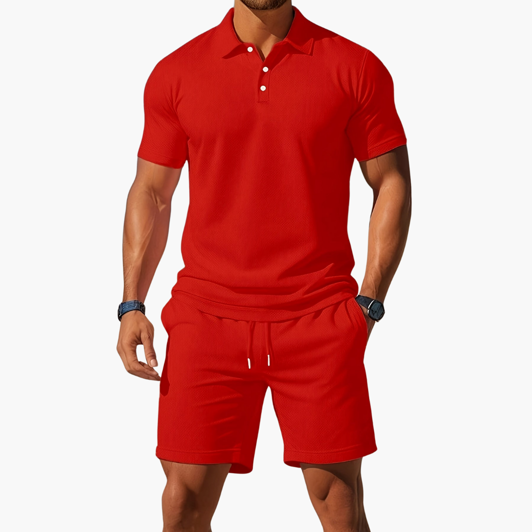 Herren Sommer Set aus Polohemd und Shorts mit Knopfleiste und Kordelzugbund