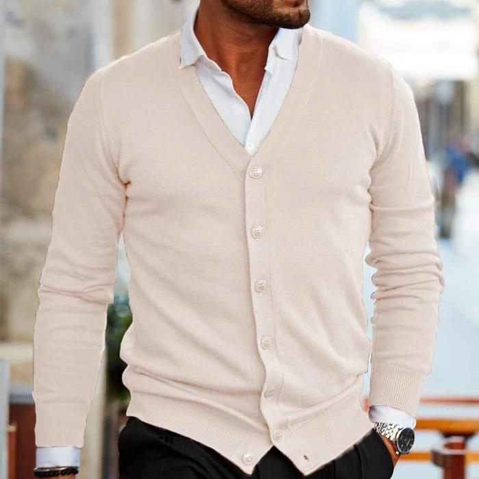 Herren Strickjacke mit Knopfleiste V-Ausschnitt und Geripptem Saum
