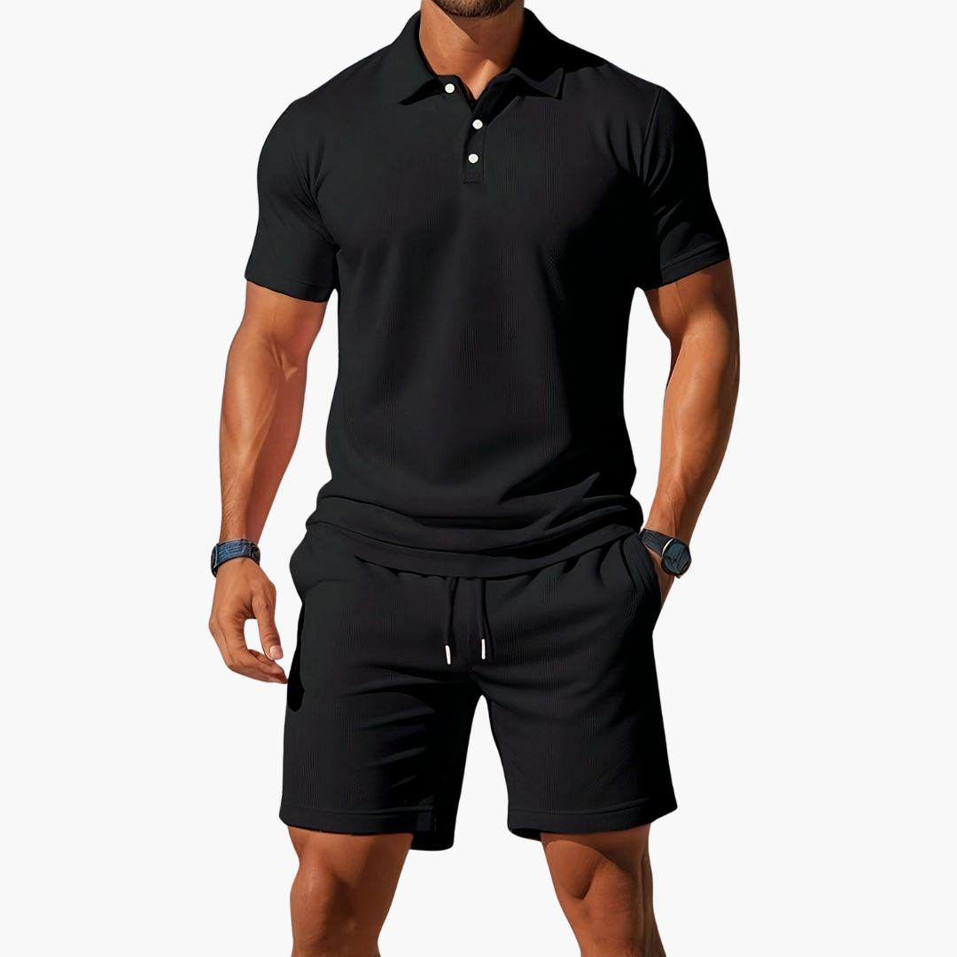 Herren Sommer Set aus Polohemd und Shorts mit Knopfleiste und Kordelzugbund