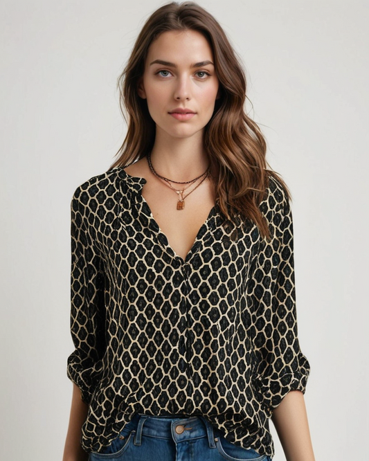 Damen Bluse mit V-Ausschnitt Kurzarm Knopfdetail und geometrischem Muster