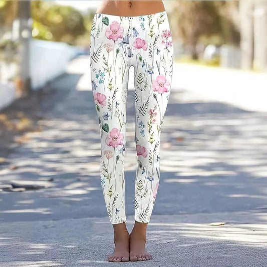Damen Sommer-Leggings High Waist mit Blumenprint 3D-Effekt und Stretchpassform