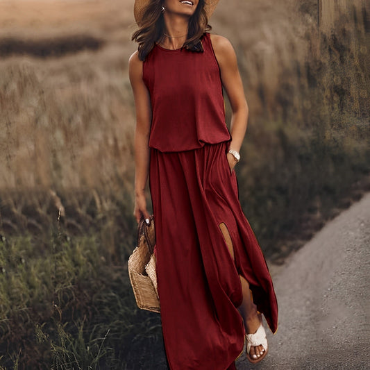 Damen Sommer Maxikleid ärmellos Retro-Muster fließender Schnitt
