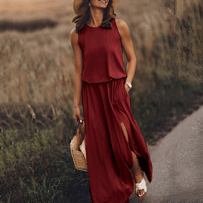 Damen Sommer Maxikleid ärmellos Retro-Muster fließender Schnitt