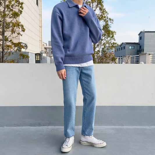 Herren Sommerpullover mit Reverskragen – Leichter Stoff Uni-Design Khaki Blau