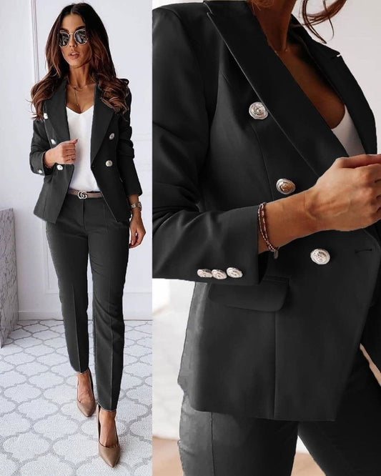 Damen Zweiteiliger Anzug mit Doppelreihigem Blazer und Gerade Geschnittenen Hosen